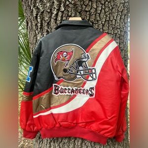 🏴‍☠️ Vintage Jeff Hamilton Tampa Bay Buccaneers NFL Snap Up Leather Jacket 🚨